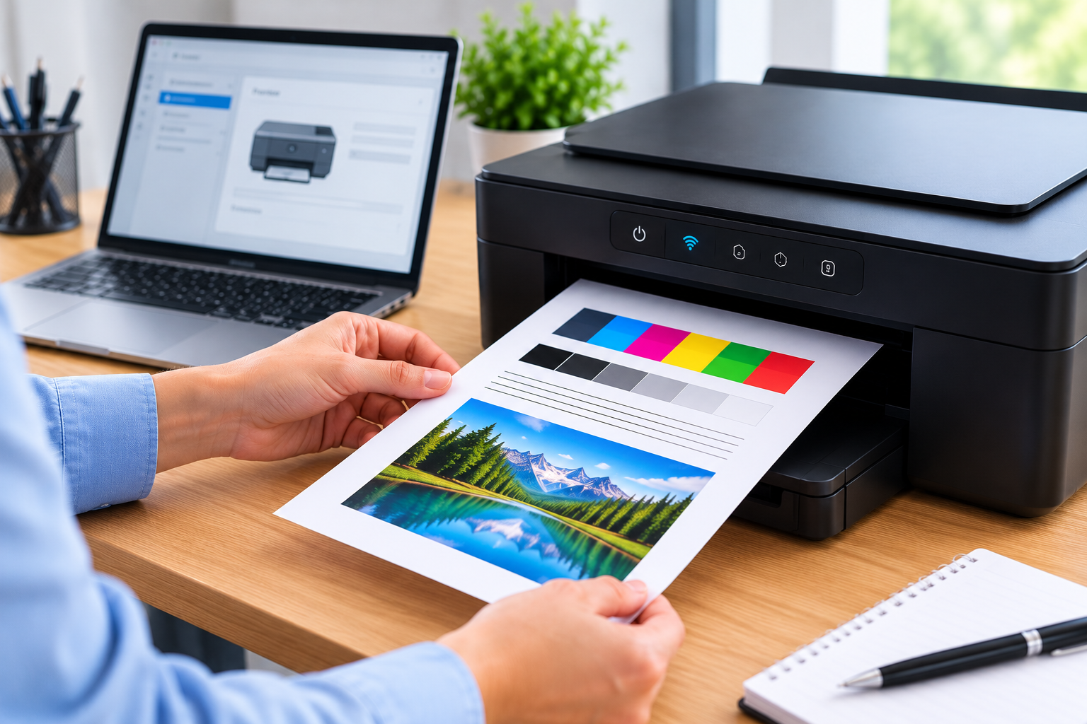 Hands operating a printer to prepare a test print