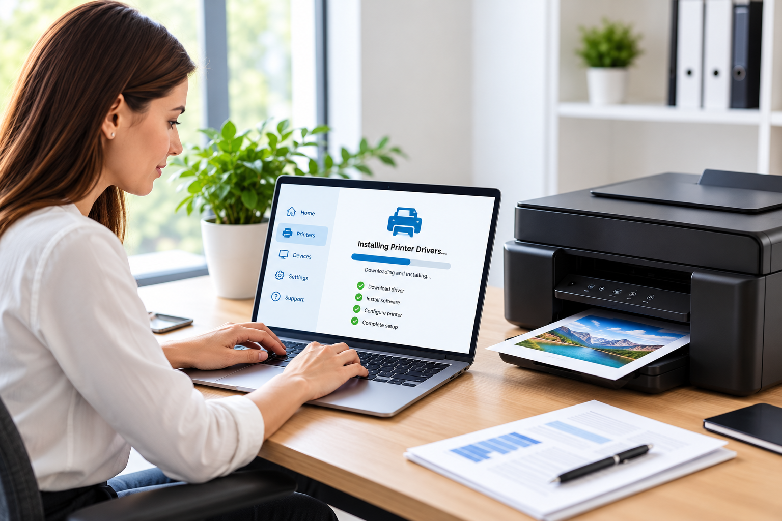 Person preparing a printer for software setup in a bright office
