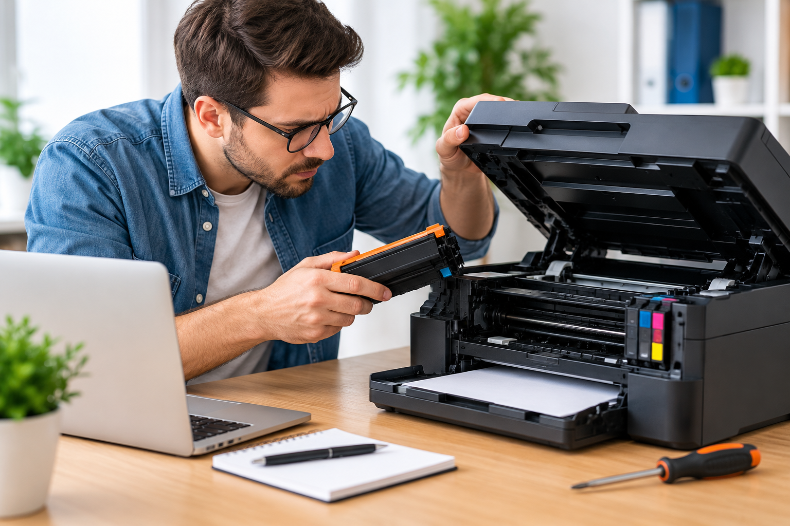 Technician inspecting an open printer while troubleshooting a setup issue