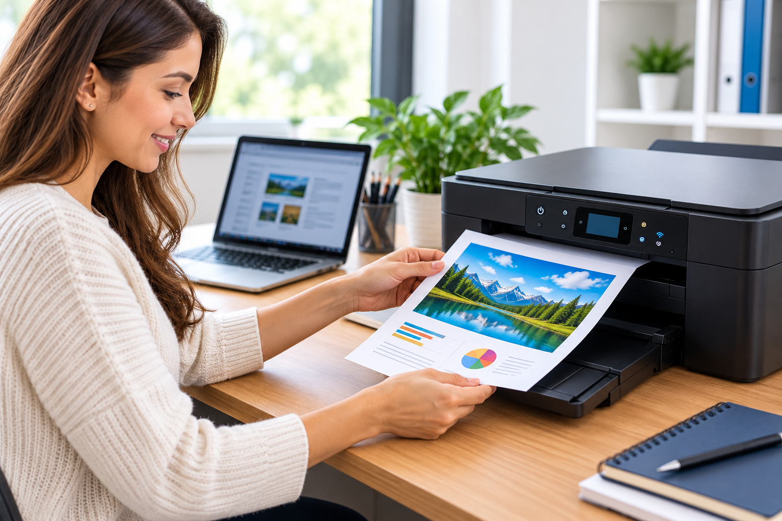 Person using a fully set up printer in a bright workspace