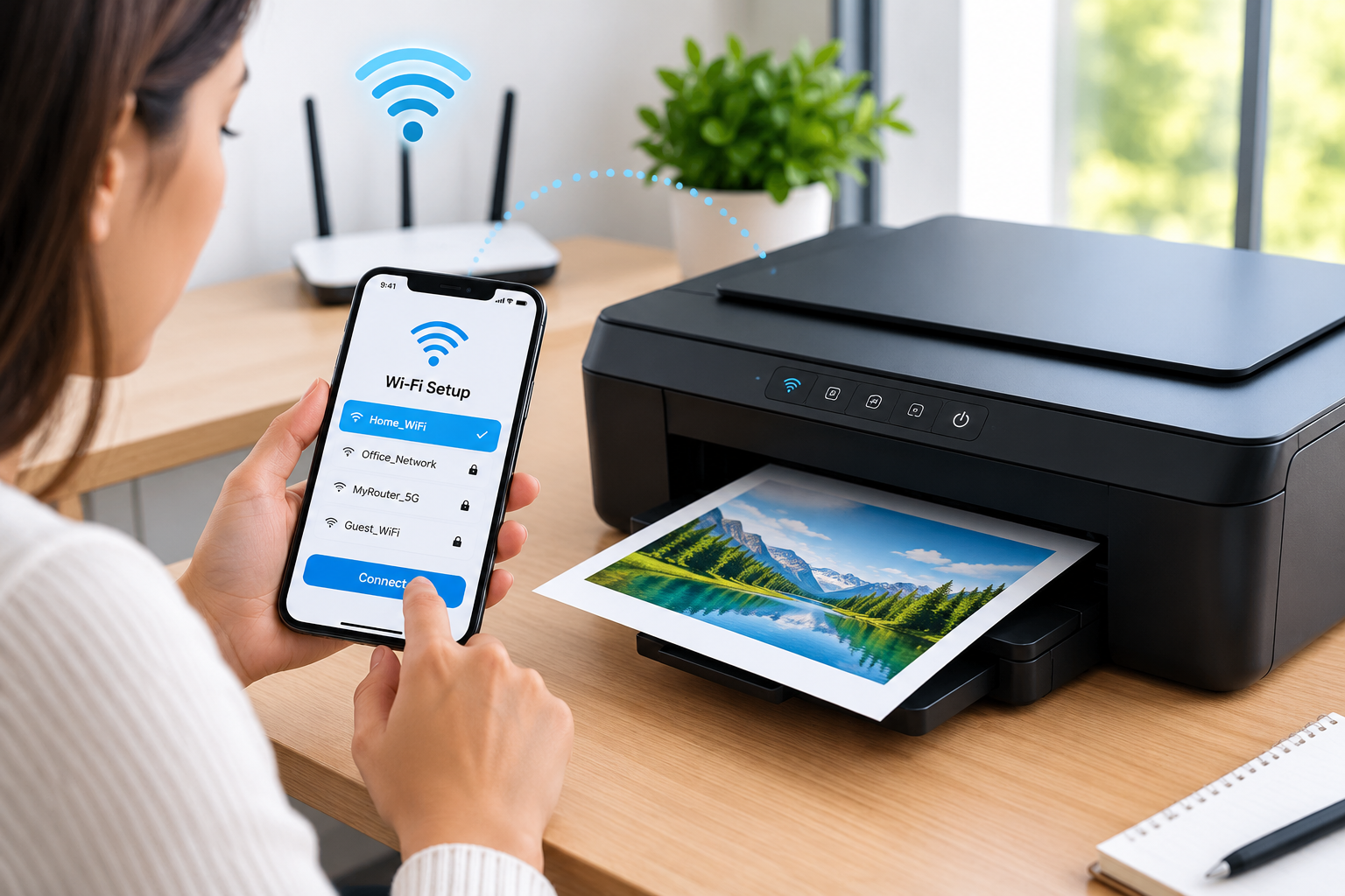 User connecting a printer to a wireless network using a mobile device