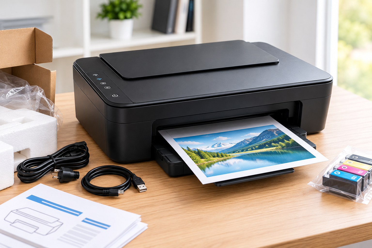 Unbranded home printer on a desk, ready for setup